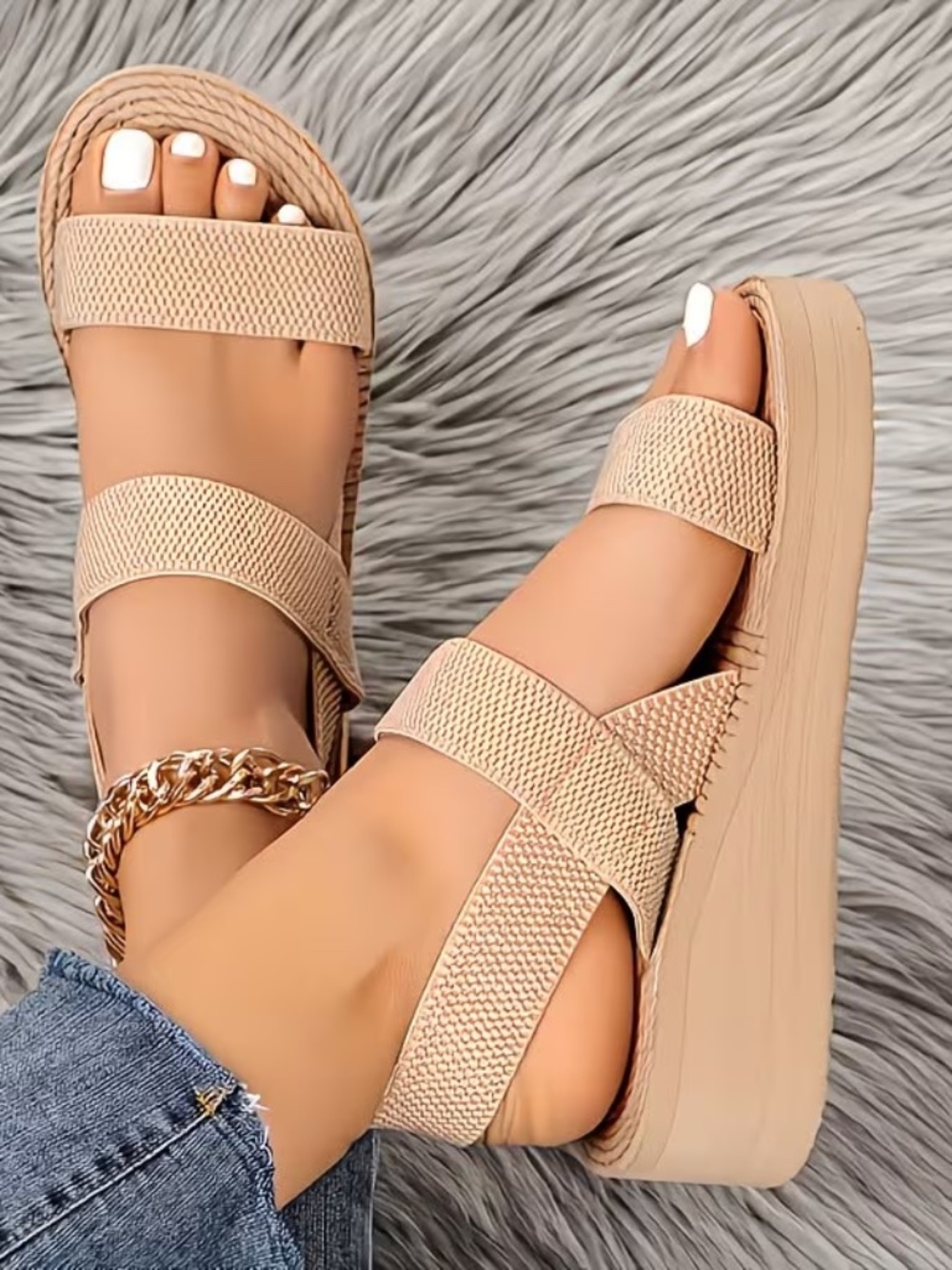 Summer Stetchy Strap Wedge Sandals NWOT 2" Beige Light Khaki Comfortable